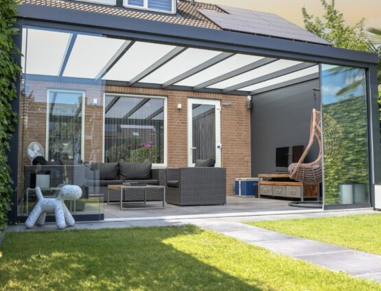 Aluminium canopy with sliding glass walls. Fully customised sliding walls